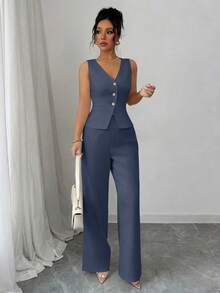 Elenzga Bộ vest và quần không tay thanh lịch dành cho nữ, kiểu dáng công sở/đi làm, mùa hè. - Màu xanh lam - Xem 4