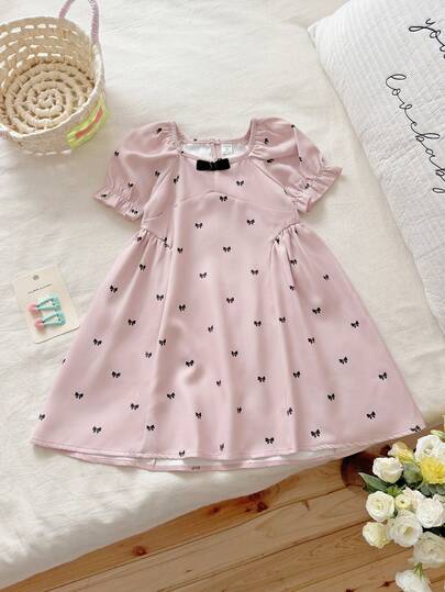 Vintaside Kids 小女孩甜美蝴蝶爱心印花泡泡袖连衣裙，粉色，饰有黑色蝴蝶结，适合外出、日常穿着、派对、情人节等场合。