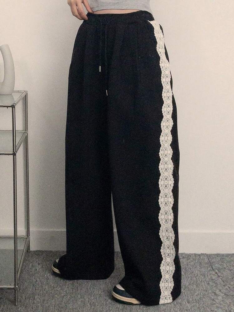 Women's Lace Patchwork Drawstring Waist Casual Versatile Wide Leg Pants For Daily Wear Summer