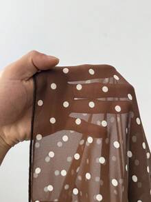 SHEIN EZwear Khaki Chiffon Polka Dot Women's Round Neck Slit Sleeve Cropped Shirt - Coffee Brown - View 9