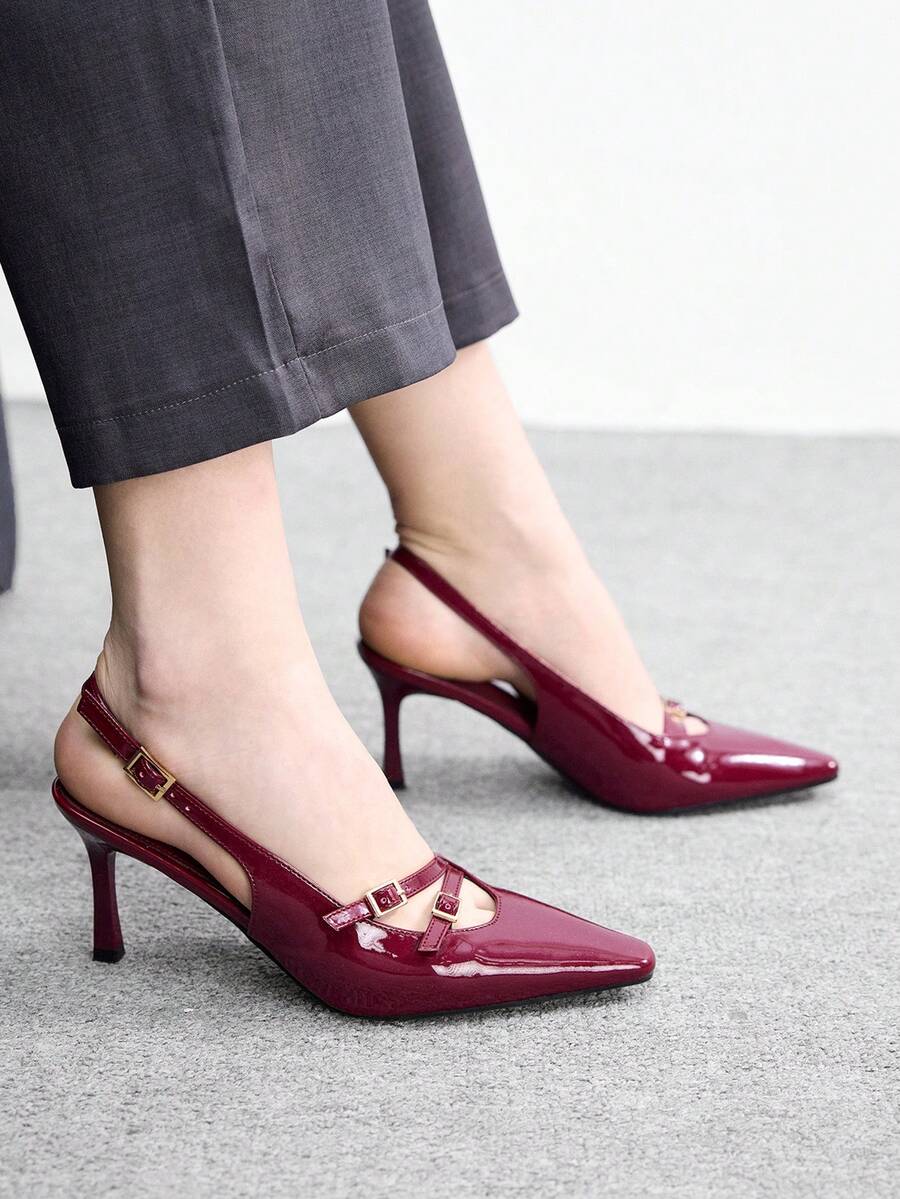 CUCCOO BIZCHIC Women Shoes Spring And Autumn New French Small Square Toe Thin High Heel Burgundy Buckle Slingback With Simple Elegance Elegant Commuting To Work Comfortable Women's High Heel Shoes Slingback Women's Shoes - Burgundy - View 1