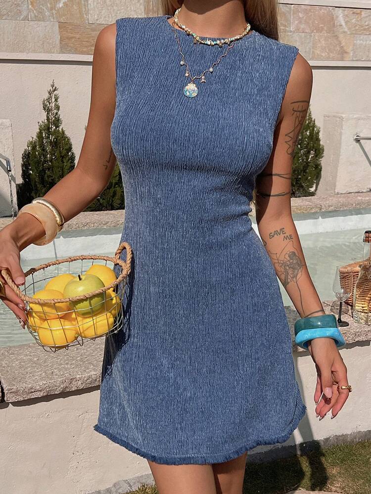 Women's Summer Round Neck Sleeveless Fitted Suspender Dress, Casual Short Dress Sundress