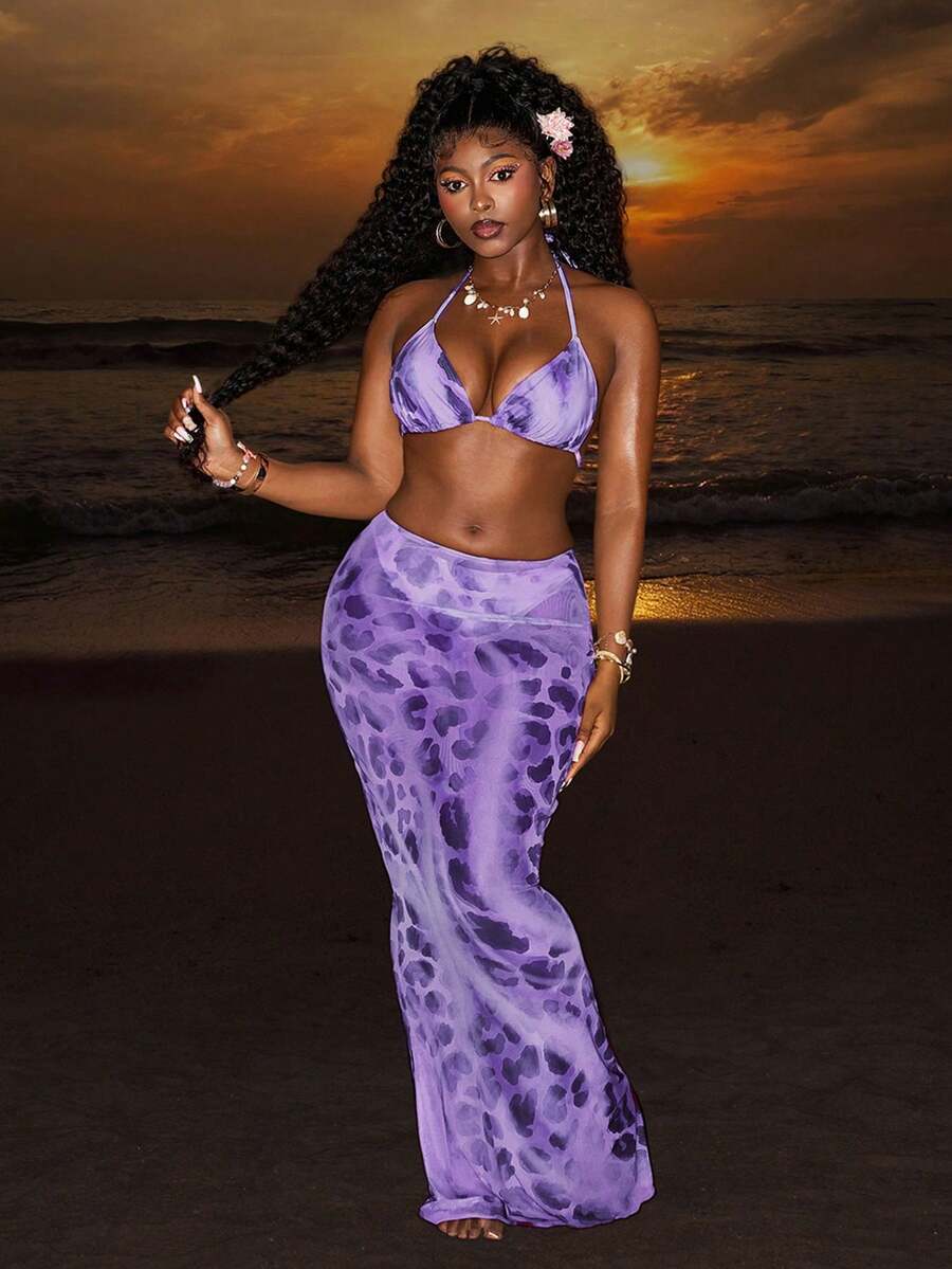 Slaydiva Bộ đồ bơi mùa xuân/hè 2025 thanh lịch, lãng mạn với họa tiết da báo, kẻ sọc và chất liệu lưới xuyên thấu, kiểu áo crop top buộc dây kết hợp với váy maxi ôm sát, thích hợp cho các bữa tiệc bể bơi. - Màu tím - Xem 1