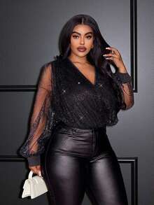Slaydiva Plus Size Black Party Bodysuit With V Neck Wrap Detail And Semi-Sheer Bishop Sleeves Knitted Fabric Top - Black - View 5
