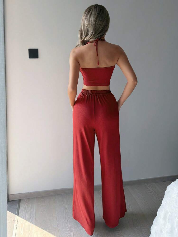 3pcs Solid Color Knit Batwing Sleeve Top, Spaghetti Strap, And Long Pants Women Pajama Set