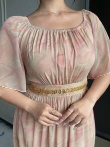 Dazy Plus Plus Size Women's Tie-Dye Raglan Ruffle Sleeve Waist Cinched Elegant Midi Dress Sundress - Baby Pink - View 4