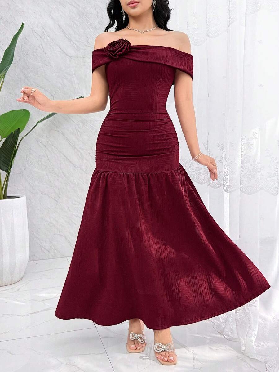 Feyla Elegant Off-Shoulder 3D Floral Dress For Women - Dark Red - View 1