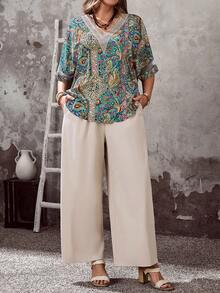 EMERY ROSE Plus Size Co-Ords For Women,Boho Yellow Summer Outfits With Blouse And Wide Leg Pants,Casual Holiday Vacation Beach Outfit Set - Multicolor - View 1