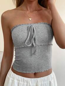 DAZY 女士系带修身短款吊带背心，休闲性感，夏季必备 - 灰色 - 查看 4