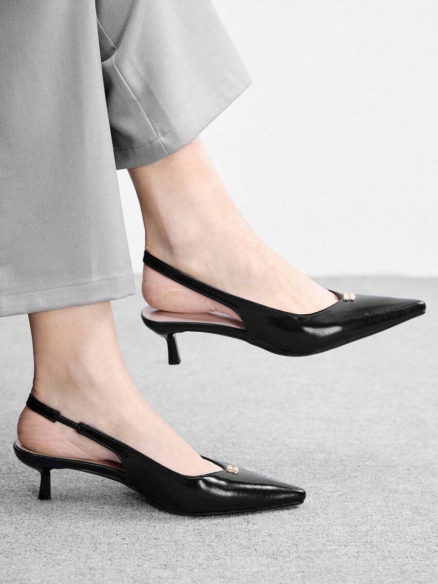 CUCCOO BIZCHIC Women's New Pointed Toe Black Matte Metal Buckle Backstrap Open Back Fashion Commuter Minimalist Versatile Stiletto High Heel Sandals - Black - View 1