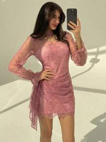 Aloruh Robe élégante à col montant en dentelle de couleur unie, pour usage décontracté et de fête - Vieux Rose - Voir 5