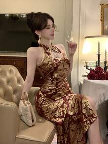 DAZY 夏季女士优雅花卉撞色立领无袖开衩中长连衣裙，东方美学 - 紅色 - 查看 10