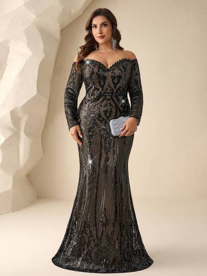 Coutiva Plus-Size Elegant Sequined Embroidered Off-Shoulder Long-Sleeved Deep V-Neck Mermaid-Hemmed Formal Evening Gown With Pleated Ribbon Design. Suitable For Wedding Guests, Graduation Ceremonies, And Breaking-Of-The-Spirit Dresses.