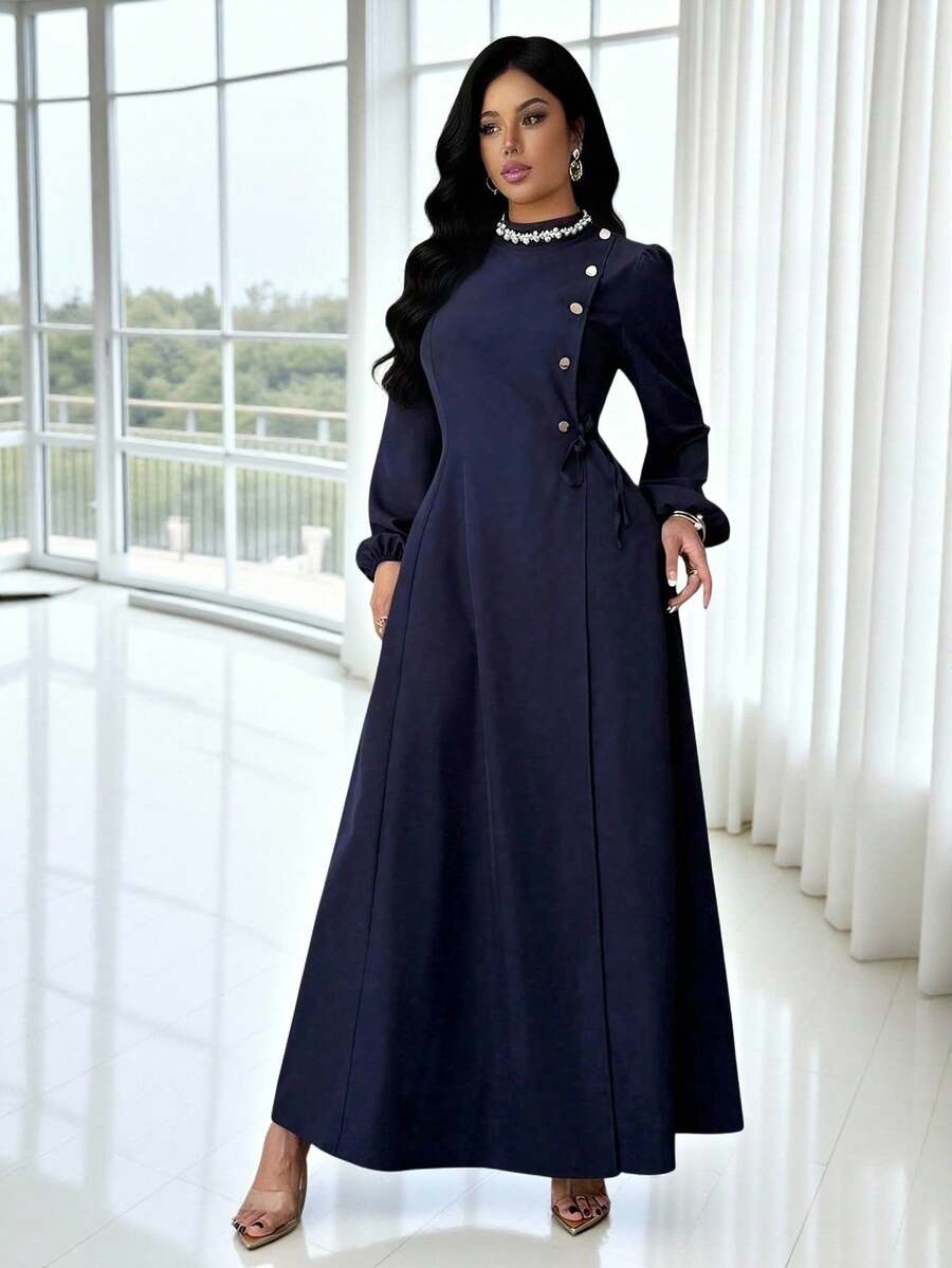 Rafferiza Women's Casual Ruched Unique Button Tie-Up Flared Dress, Navy Blue,Turkish Abaya, Arab Long Robe Fall Cloth For Women - Navy Blue - View 1