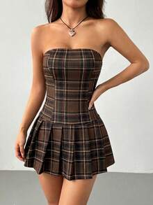 SHEIN PETITE 女款秋冬新款露肩抹胸紅色格紋百褶簡約洋裝，開學季服飾，適合聖誕節，迷你無肩帶，適合嬌小女性 - 棕色 - 查看 5