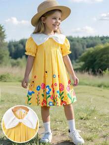 SHEIN Elladie kids 小女孩可爱蝴蝶结领口、花卉条纹印花褶皱下摆公主泡泡袖连衣裙，适合休闲、度假、优雅可爱的日常穿着。 - 黃色 - 查看 3