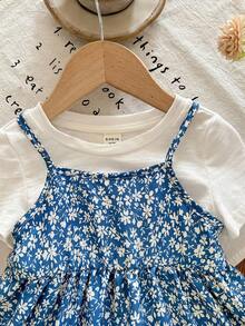 SHEIN LMoss Kids 女婴夏季可爱碎花吊带连衣裙和短袖针织上衣套装 - 彩色 - 查看 3