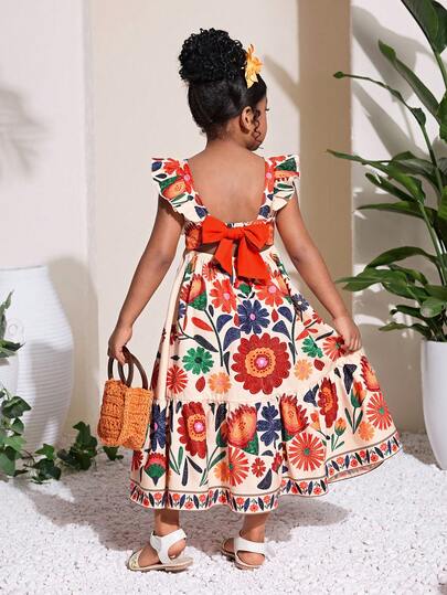 少女热带花卉印花露背蝴蝶结腰部长裙，休闲时尚，百搭，适合派对、郊游、姐妹合照、公园、露营、度假、日常休闲等场合。