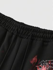 ROMWE MEN 男士休闲时尚街头日常通勤交叉印花抽绳腰短裤，夏季 - 黑色 - 查看 3