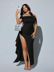 Viva Relle Plus Size Off-Shoulder Side Slit High Stretch Elegant Dress, Suitable For Dates And Parties - Black - View 5