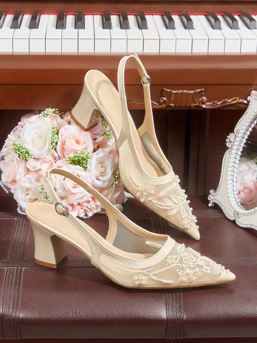 CUCCOO HITCHD 女士鞋履春夏网面珍珠装饰尖头粗跟时尚女鞋纯色女式高跟鞋日常通勤约会派对 - 米色A - 查看 1