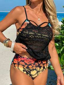 Swim Lushoire Women Multicolor Casual Tankini Set With Short Tropical Print Bikini Bottoms And Sleeveless Contrast Lace Top - Multicolor - View 1
