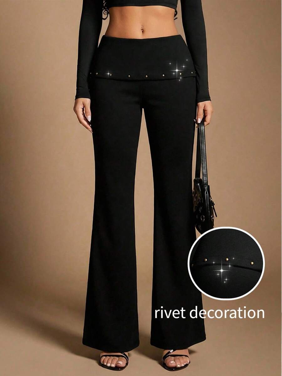 Radiana 女士性感休闲黑色高弹力罗纹针织喇叭裤，低腰可折叠腰带喇叭裤腿，简约休闲百搭下装 - 黑色 - 查看 1