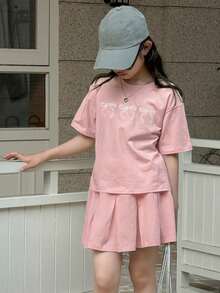 Dazy Kids 少女蝴蝶结印花圆领短袖T恤搭配抽绳腰迷你裙休闲套装（夏季款） - 粉色 - 查看 3