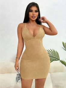 SHEIN SXY 女士深V领露背交叉设计性感紧身牛仔连衣裙 - 卡其色 - 查看 3