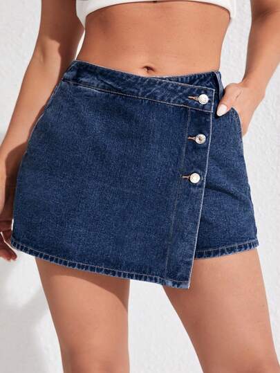 Flexra Plus Size Women's Casual Asymmetrical Denim Shorts