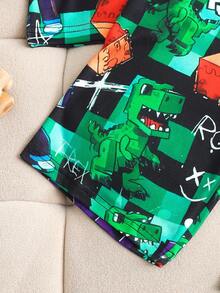 Tween Boy Summer New Game Character Dinosaur Cool Letter Print Short Sleeve Top And Shorts Casual Pajama 2 Pieces Set - Green - View 5