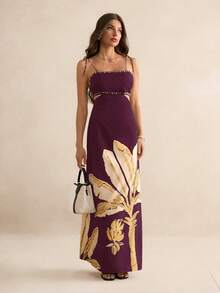 SHEIN Tall 女士波西米亚风香蕉树印花露腰露背无袖黑色连衣裙，假日休闲夏季连衣裙 - 中紫紅色 - 查看 4