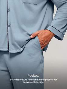 LUVLETTE Plus Size Spring And Summer Soft 100% Pure Cotton Sky Blue Basic Long Button-Up Top & Pants Pajama Sets For Men Lounge Sets For Men Pants With Pockets Pyjama - Blue - View 4