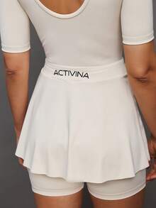 Activina 女士圆领短袖字母印花芭蕾舞紧身衣 - 米色 - 查看 3