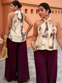 Breezaya 女士露背交叉印花上衣+纯色宽松长裤套装，休闲日常及假日装扮 - 彩色 - 查看 4