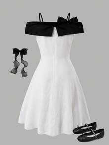 女童黑白吊带连衣裙，蝴蝶结连衣裙，休闲日常连衣裙 - 黑與白 - 查看 2