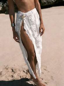 Swim Chiccia 2026新款女士夏季沙滩度假优雅花卉纹理特殊面料金属星星装饰侧开衩长款卡夫坦半身裙 - 杏色 - 查看 1