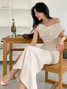 DAZY Women's Wrap Draped Neck Mermaid Hem Skirt 2 Pieces Set - Beige - View 3