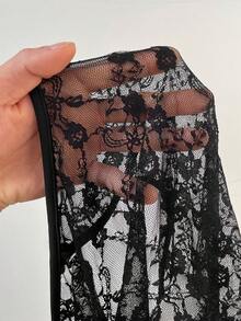 SHEIN EZwear 女士性感黑色花卉蕾丝透视吊带背心，夏季 - 黑色 - 查看 10