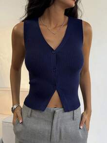 DAZY Damen Lässig V-Ausschnitt ärmelloses einfarbiges Strick-Top - marineblau - Übersicht 4