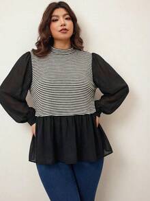 Enliva Tricou cu mânecă lungă, lejer, cu dungi, în culori contrastante, pentru femei, mărime plus, model A-line, Anul Nou 2026, pentru forme de corp rotunjite și de măr - Negru - Vizualizare 6