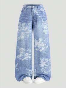SHEIN MOD 女士天使印花斜插口袋休闲百搭阔腿牛仔裤 - 藍色 - 查看 8