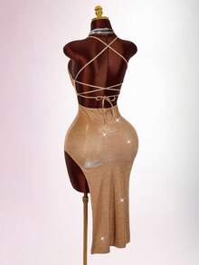 Amplova 无袖钢圈镂空露背交叉绑带性感修身中长连衣裙，适合派对穿着 - 棕色 - 查看 9