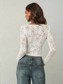 Aloruh 女士新款性感蕾丝透视低胸圆环紧身镂空长袖上衣，浪漫迷人，适合街头、约会、秋冬季穿着。 - 白色 - 查看 6