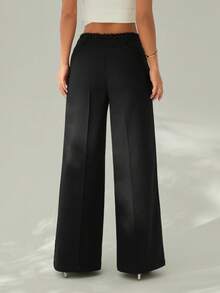 SHEIN PETITE Elegant Contrast Lace Dress Pants, Suitable For Spring/Summer - Black - View 2