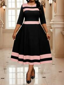 SHEIN Lady 大码优雅通勤撞色条纹连衣裙 - 彩色 - 查看 5