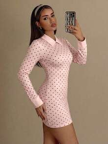 SHEIN ICON 女士修身黑白波点撞色领星期三迷你连衣裙 - 淺粉色 - 查看 4