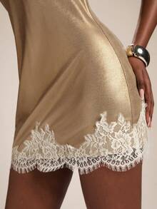 SHEIN BAE Women's Gold Spaghetti Strap Lace Trim Neck & Hem Mini Dress, Spring/Summer Dress,Party Dress, Wedding Guest Dress For Women ,Vacation Outfits Women , - Gold - View 6