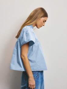 Aralina 女士休闲纯色泡泡袖衬衫，夏季 - 淺藍色 - 查看 3