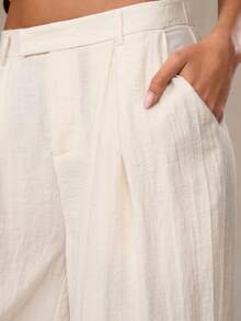 SHEIN BAE 米色和杏色亚麻低腰褶裥阔腿裤，适合意大利度假、法国南部度假、休闲裤、沙滩裤、邮轮裤、复古风格、早午餐裤，春夏皆宜。 - 杏色 - 查看 7